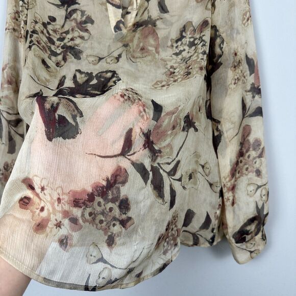 LRL Ralph Lauren Georgette Split Neck Tunic Petite L Tan Floral Sheer Fairy Boho - Picture 5 of 15